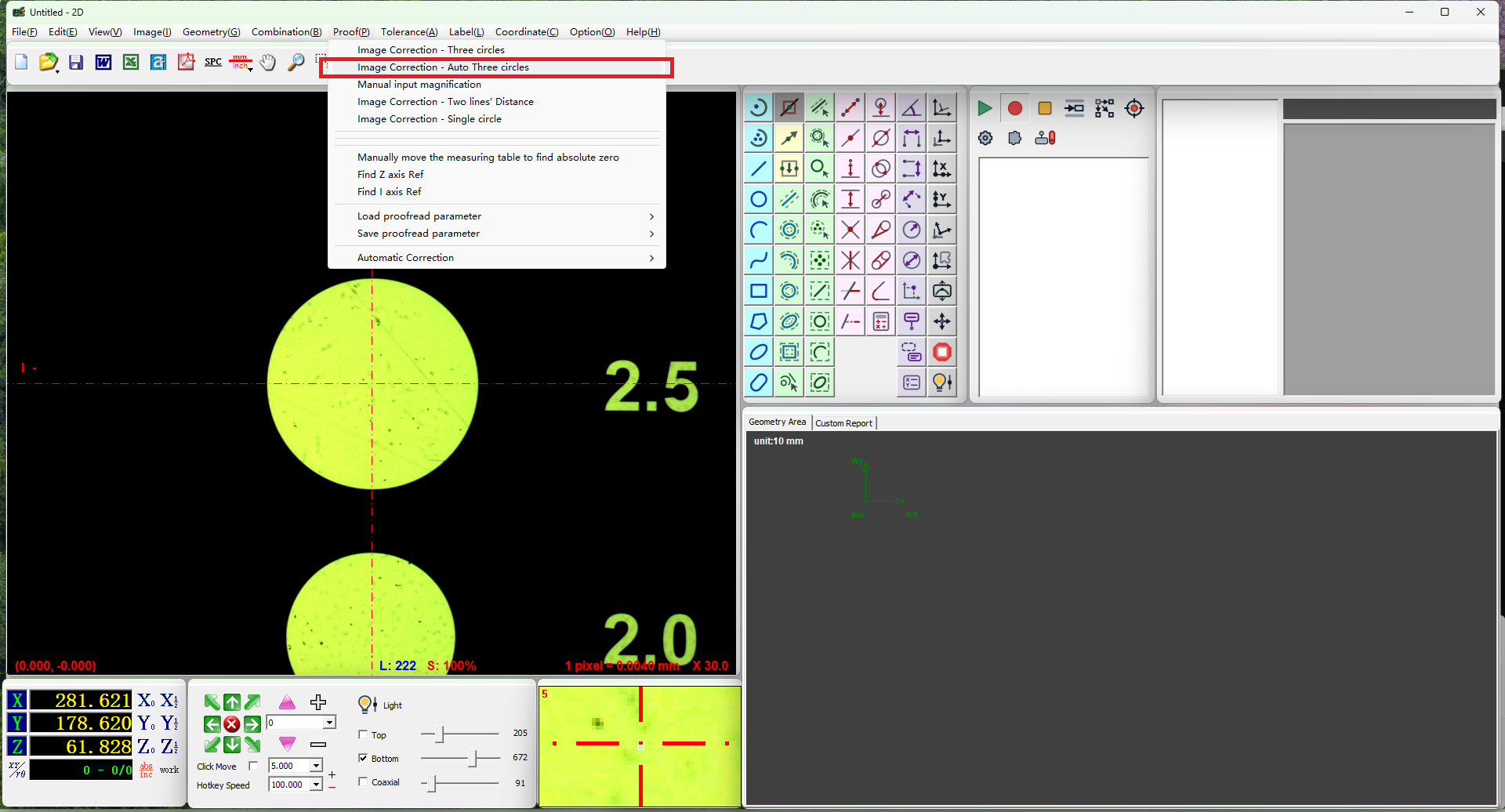 Easson2D enter automatic three-circle calibration