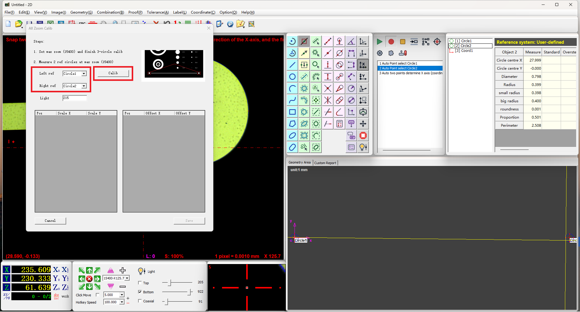 Easson2D select reference circle and calibrate