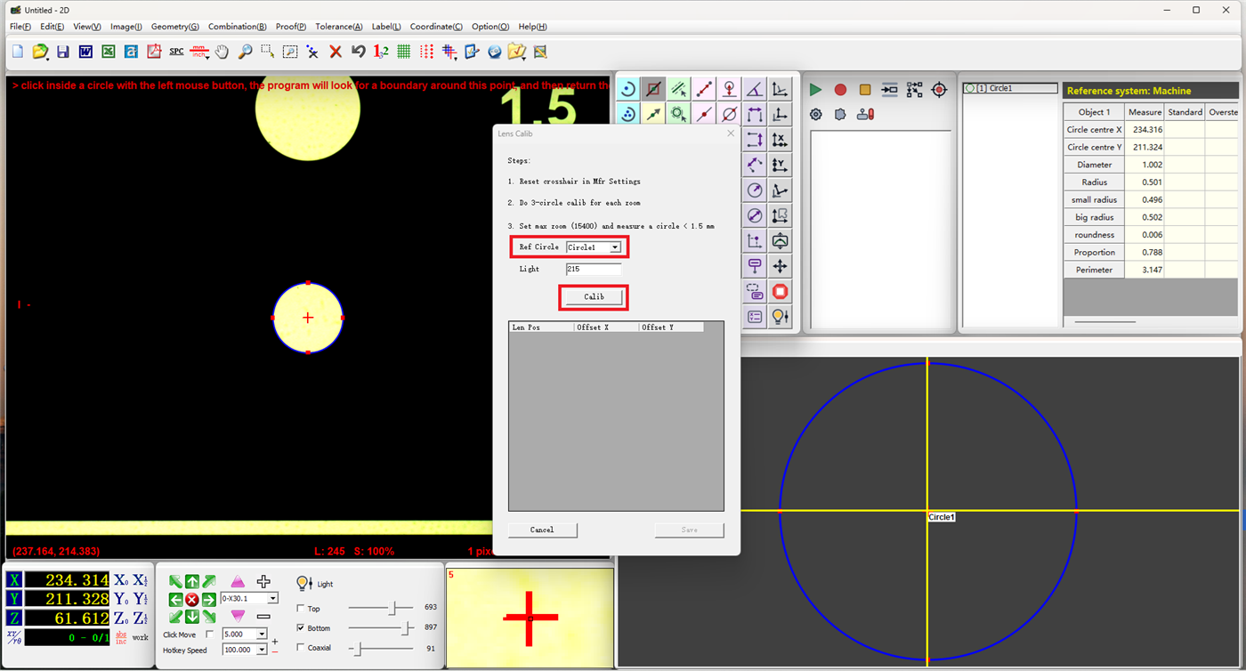 Easson2D select reference circle and calibrate