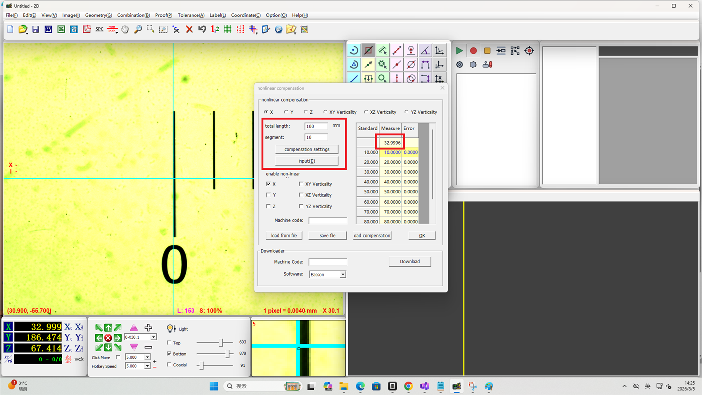 Easson2D configure compensation parameters and start position