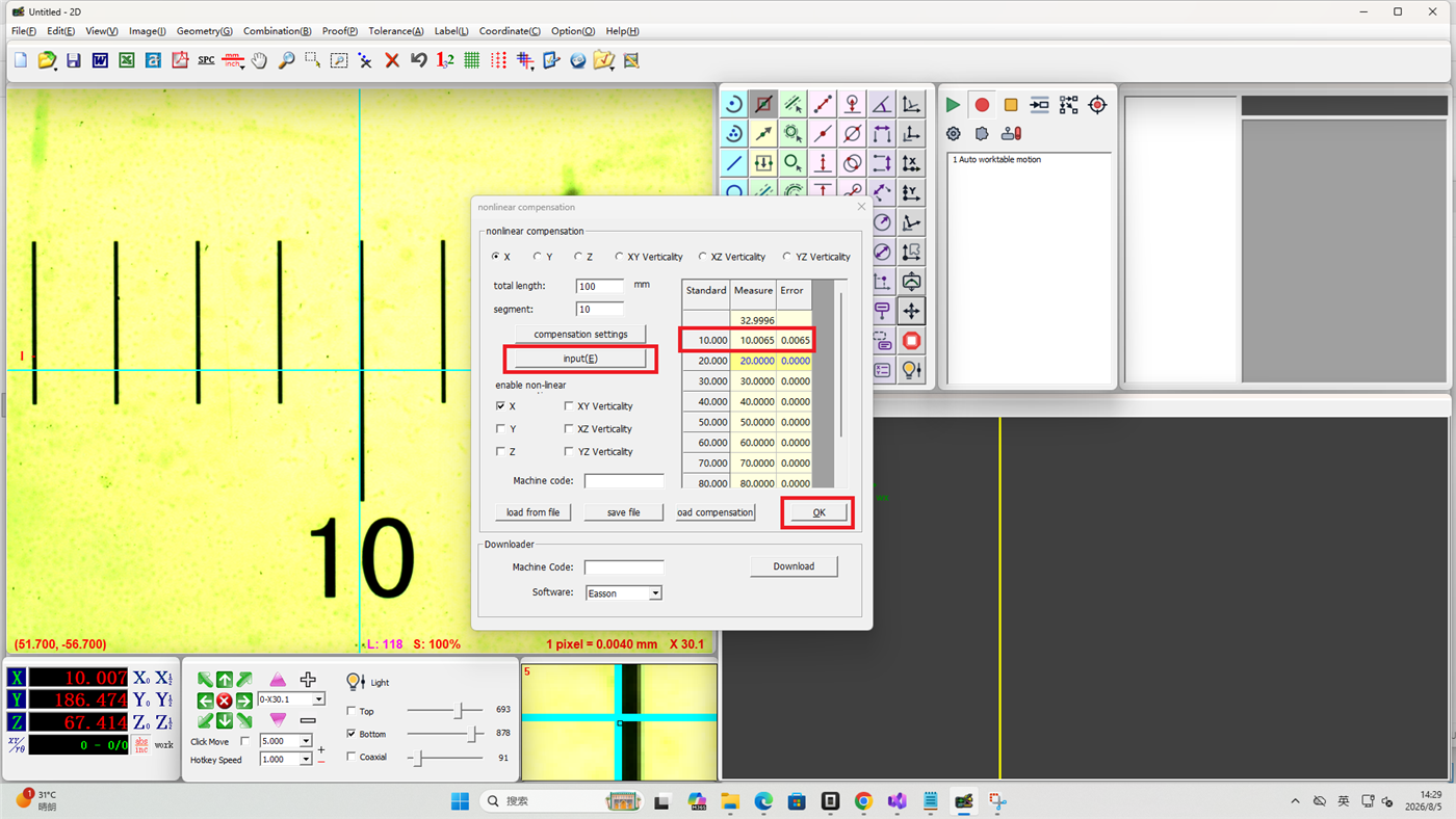 Easson2D enter compensation data segment by segment